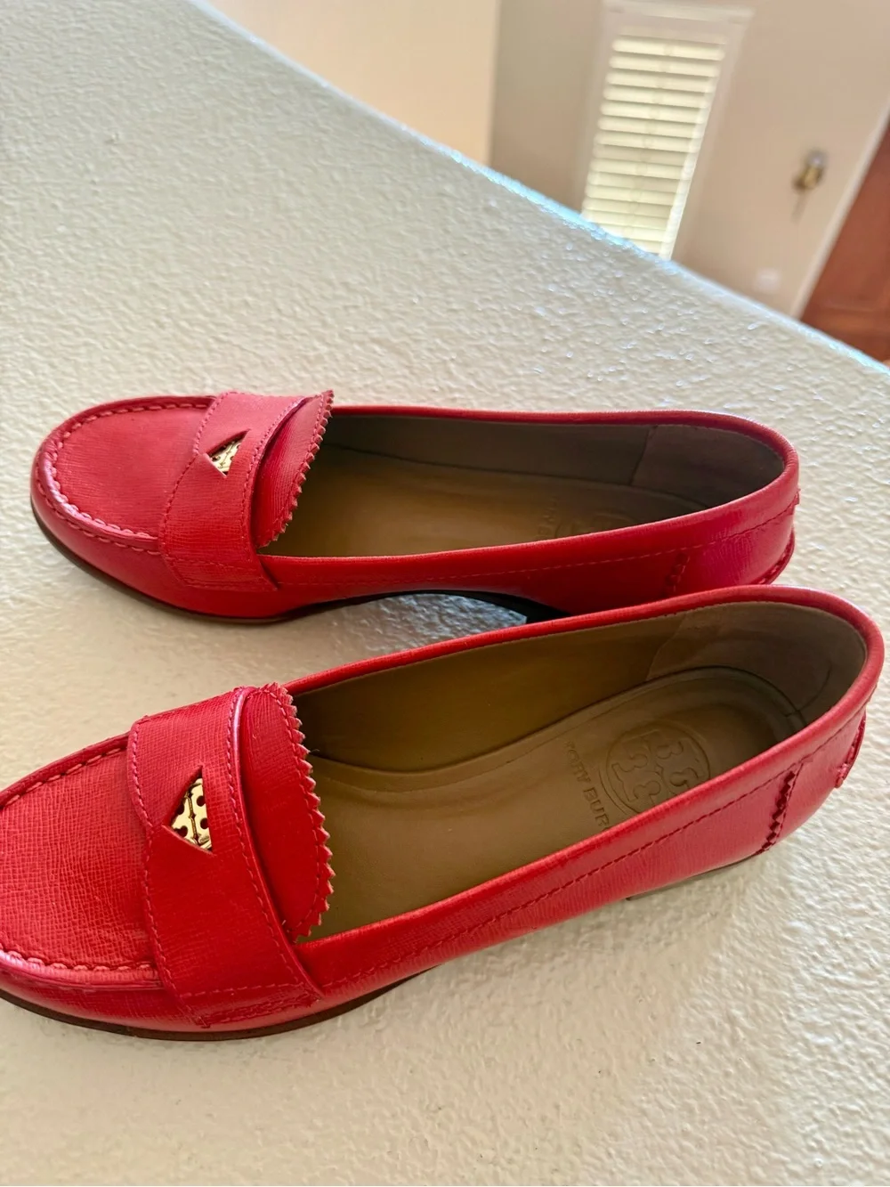 Tory Burch Bright Red Leather Penny Loafers with Gold Logo